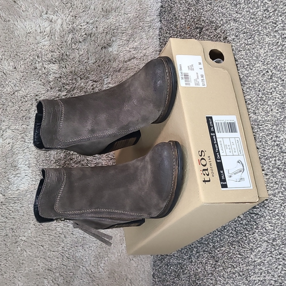 Taos Dillie Dark Taupe Suede Ankle bootie, Block Heel